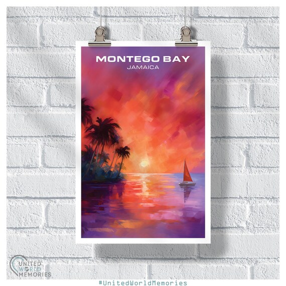 Montego Bay Jamaica Sunset Sailboat Palm Trees Purple Pink Ocean Poster