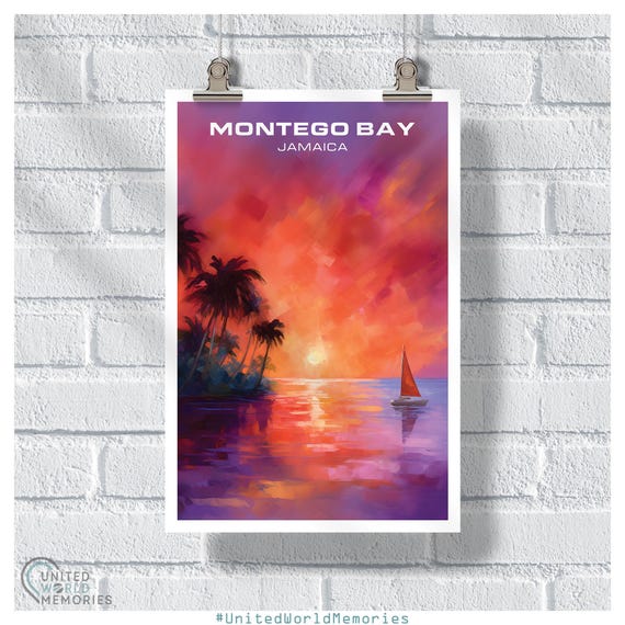 Montego Bay Sunset Paradise Coast Poster Jamaica Travel Print Gifts