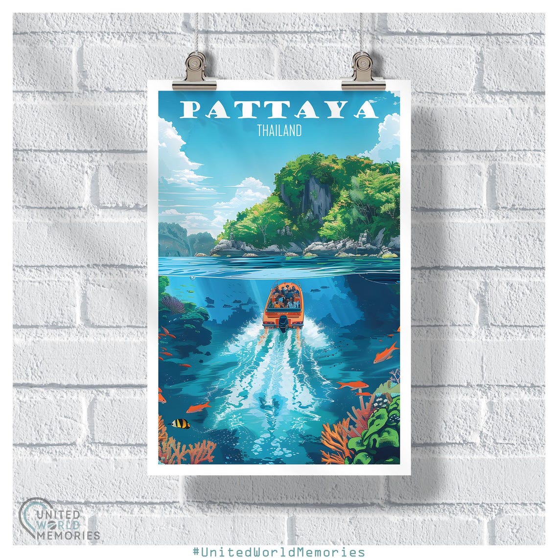 Pattaya Thailand Island Boat Underwater Reef Fish Travel Poster