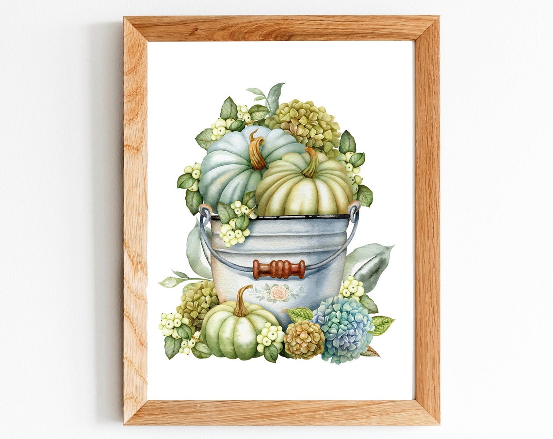 Farmhouse Bucket Pale Pumpkins Hydrangeas Fall Decor Art Print