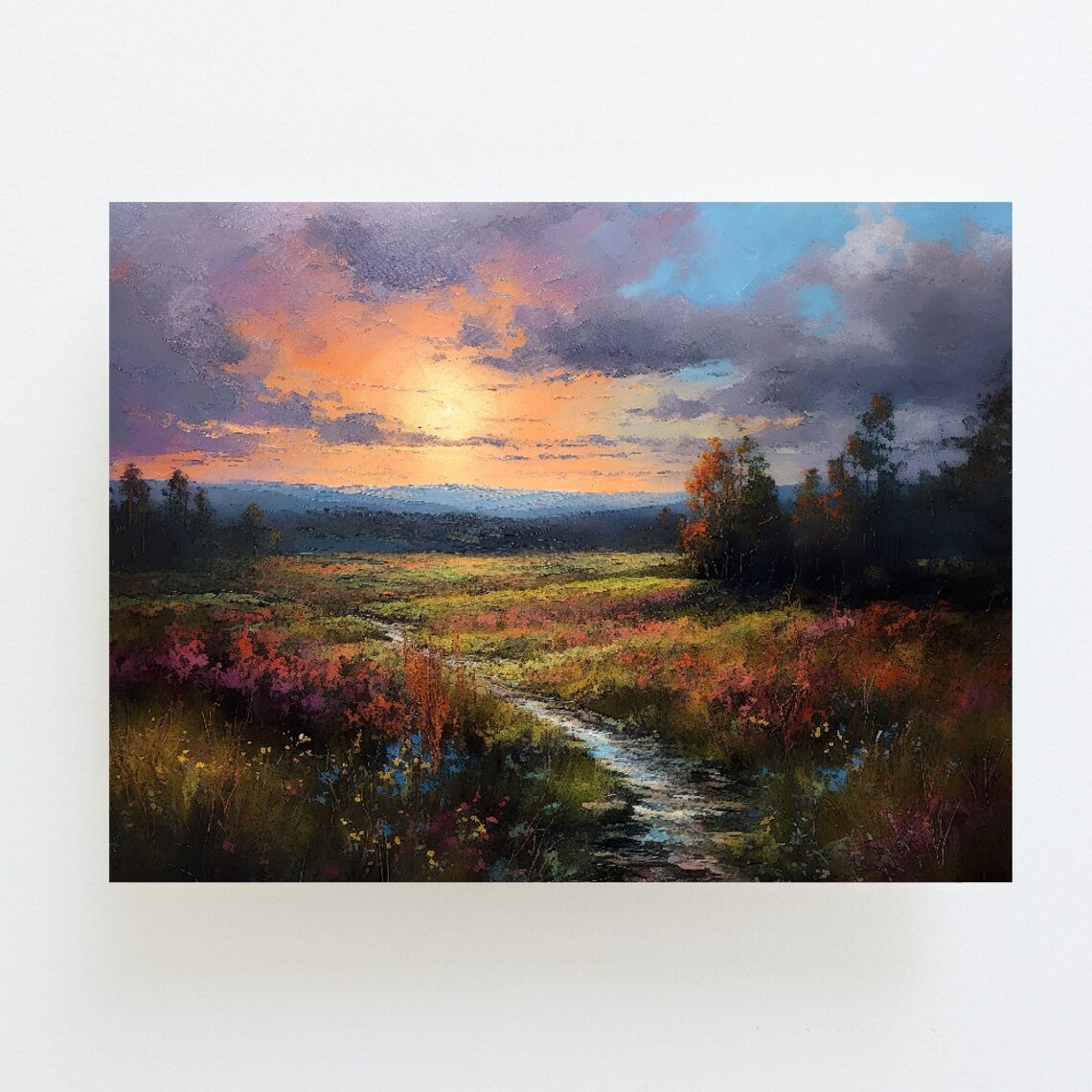 Wildflower Meadow Sunset Stream Oil Landscape Painting Poster