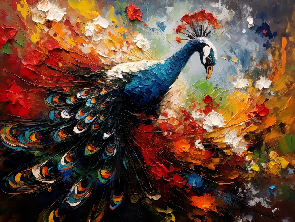 Colorful Peacock Impasto Palette Knife Vibrant Bird Oil Art Poster