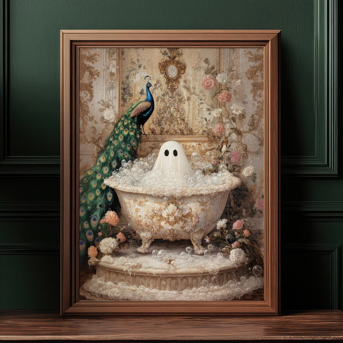 Ghost Bathing in Victorian Tub with Peacock Whimsical Halloween Poster - Image 2