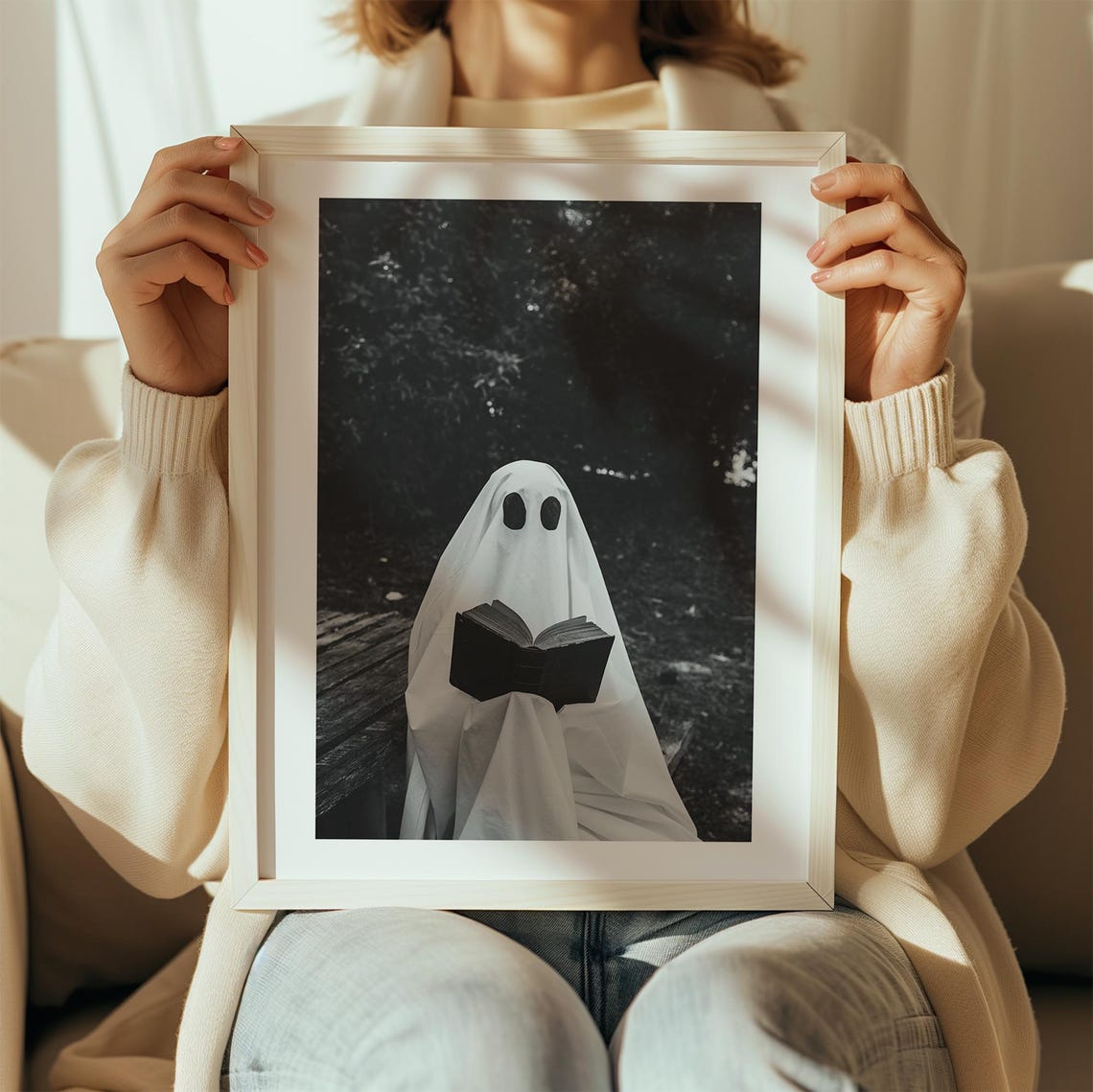 Ghost Reading Book Spooky Black and White Photo Halloween Decor Poster - Image 3