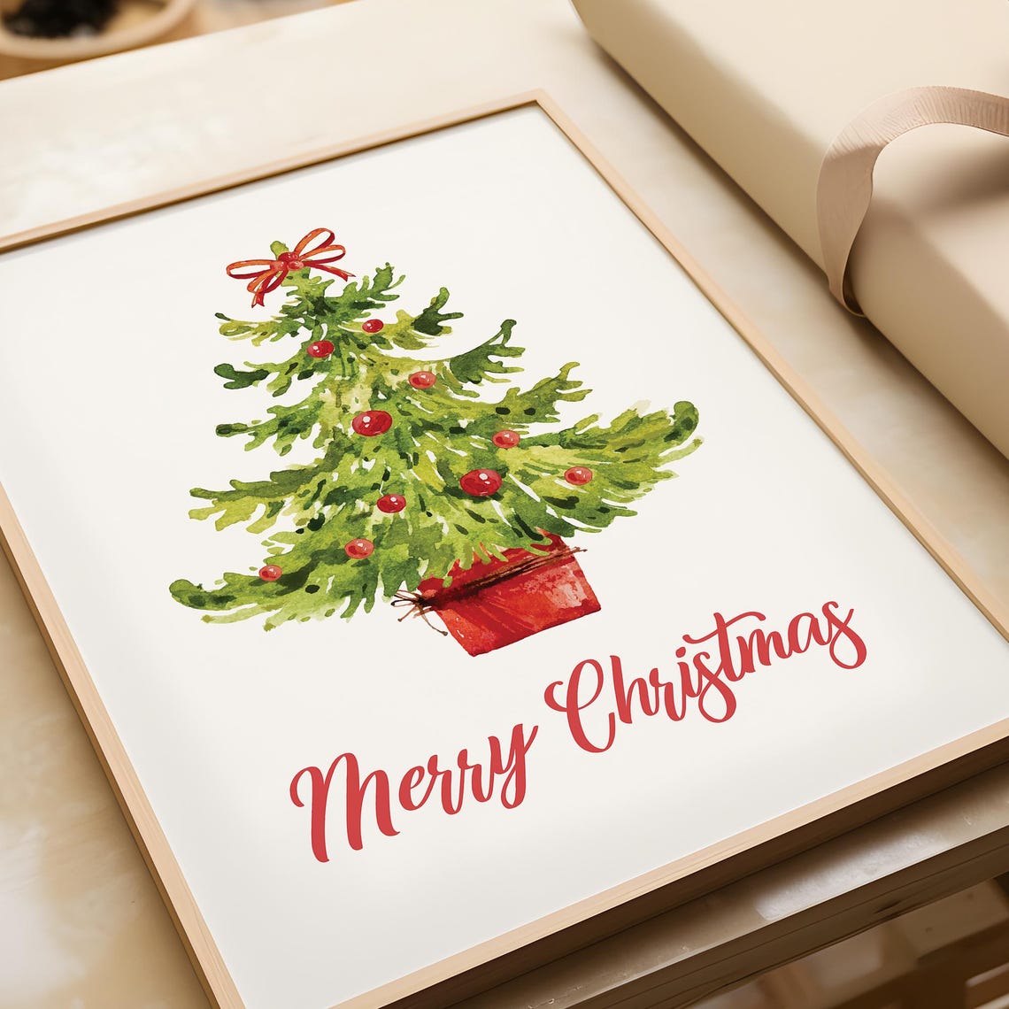 Merry Christmas Watercolor Christmas Tree Red Bow Holiday Wall Poster - Image 3
