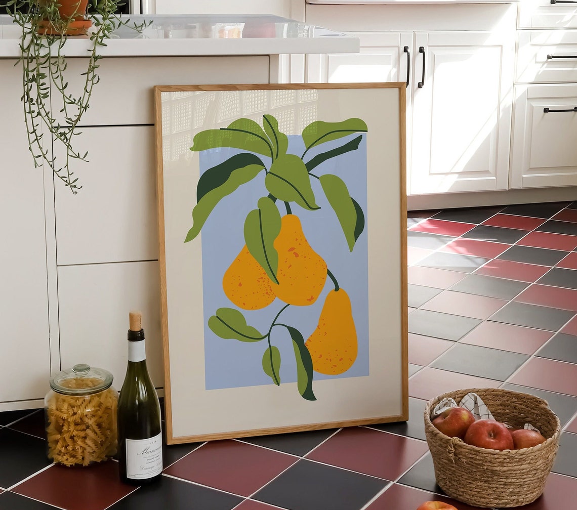 Orange Pears Branch Botanical Illustration Light Blue Kitchen Poster - Image 2