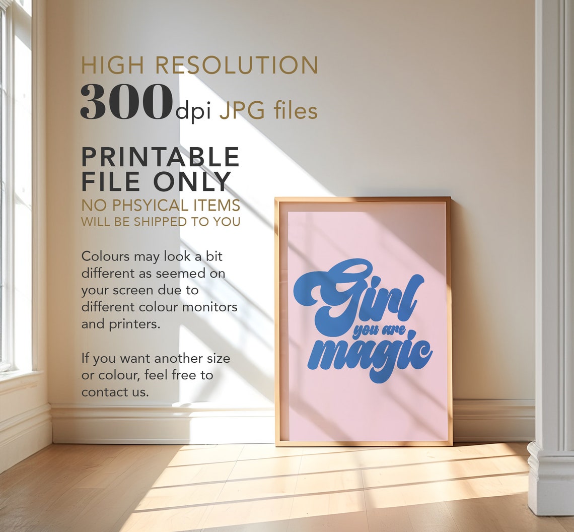 Girl You Are Magic Retro Blue Script Pink Bedroom Wall Poster - Image 4