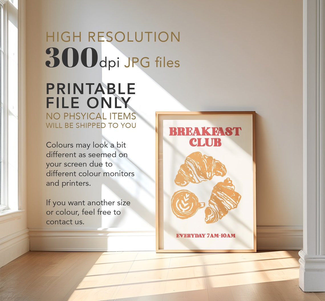 Breakfast Club Croissant Latte Art Retro Kitchen Cafe Poster - Image 3