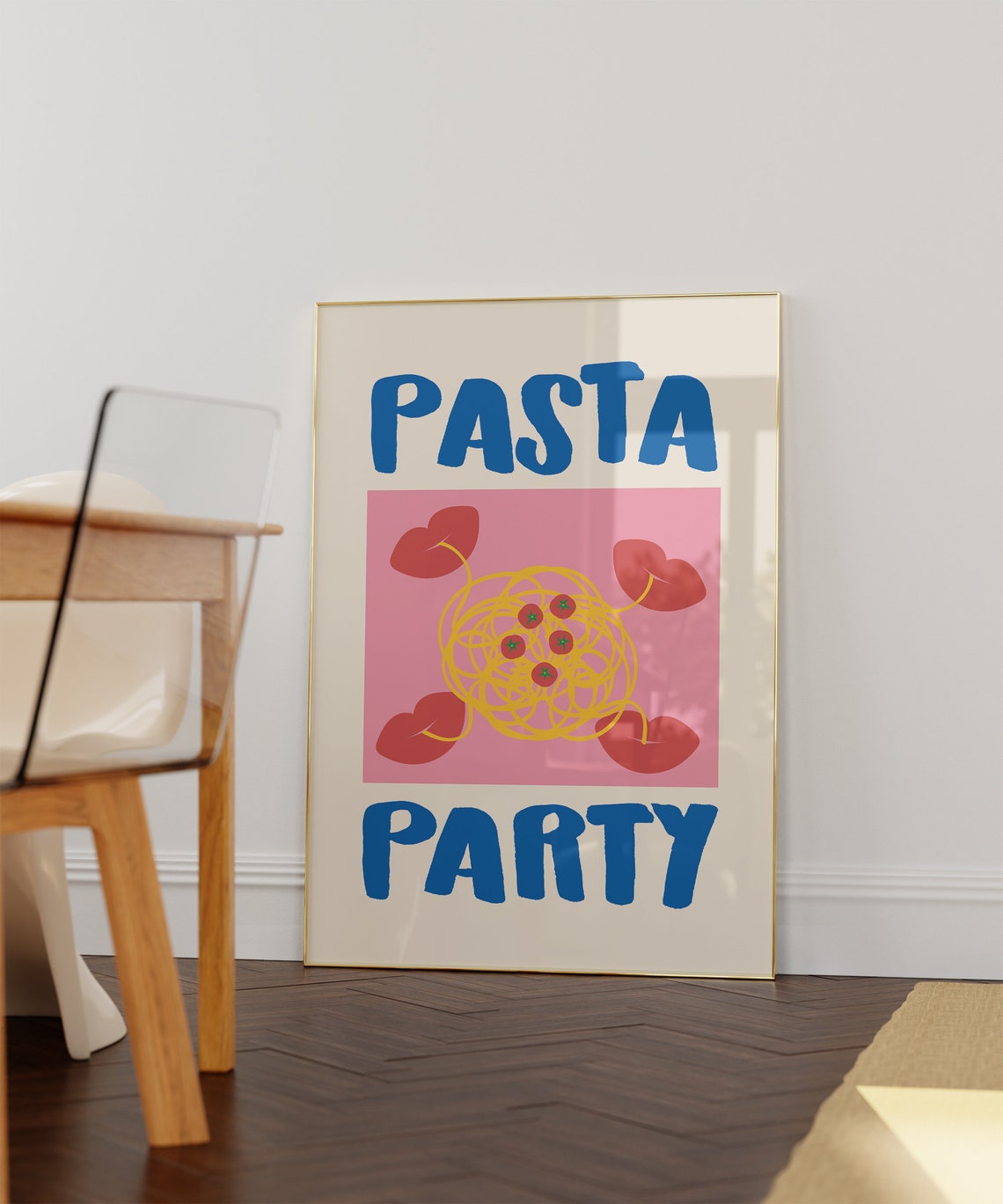 Fun Pasta Party Retro Kitchen Blue Pink Spaghetti Dinner Poster