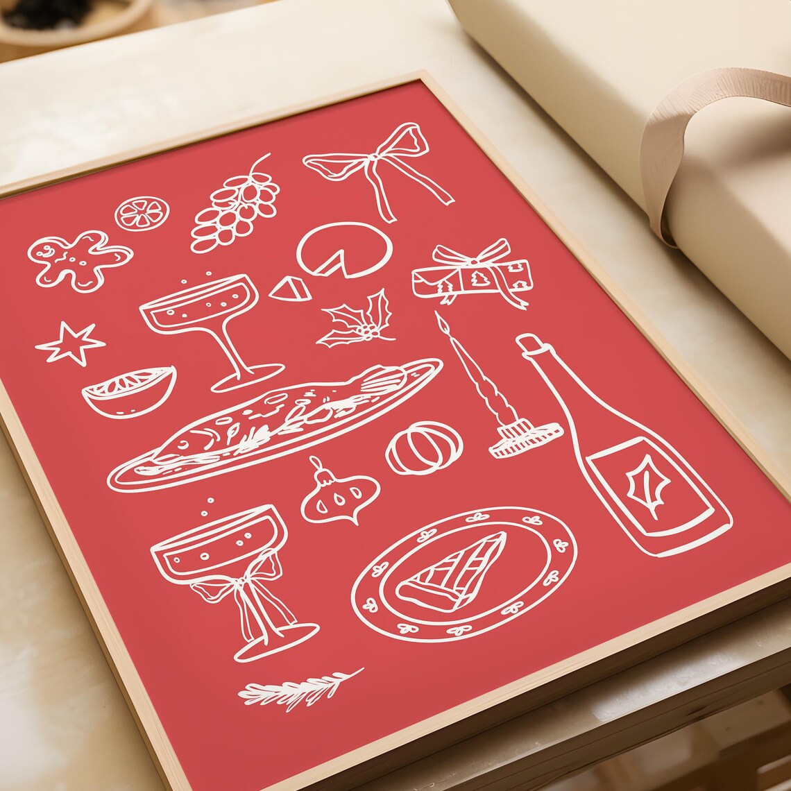 Christmas Dinner Line Art Red Holiday Feast Champagne Icons Wall Poster - Image 2