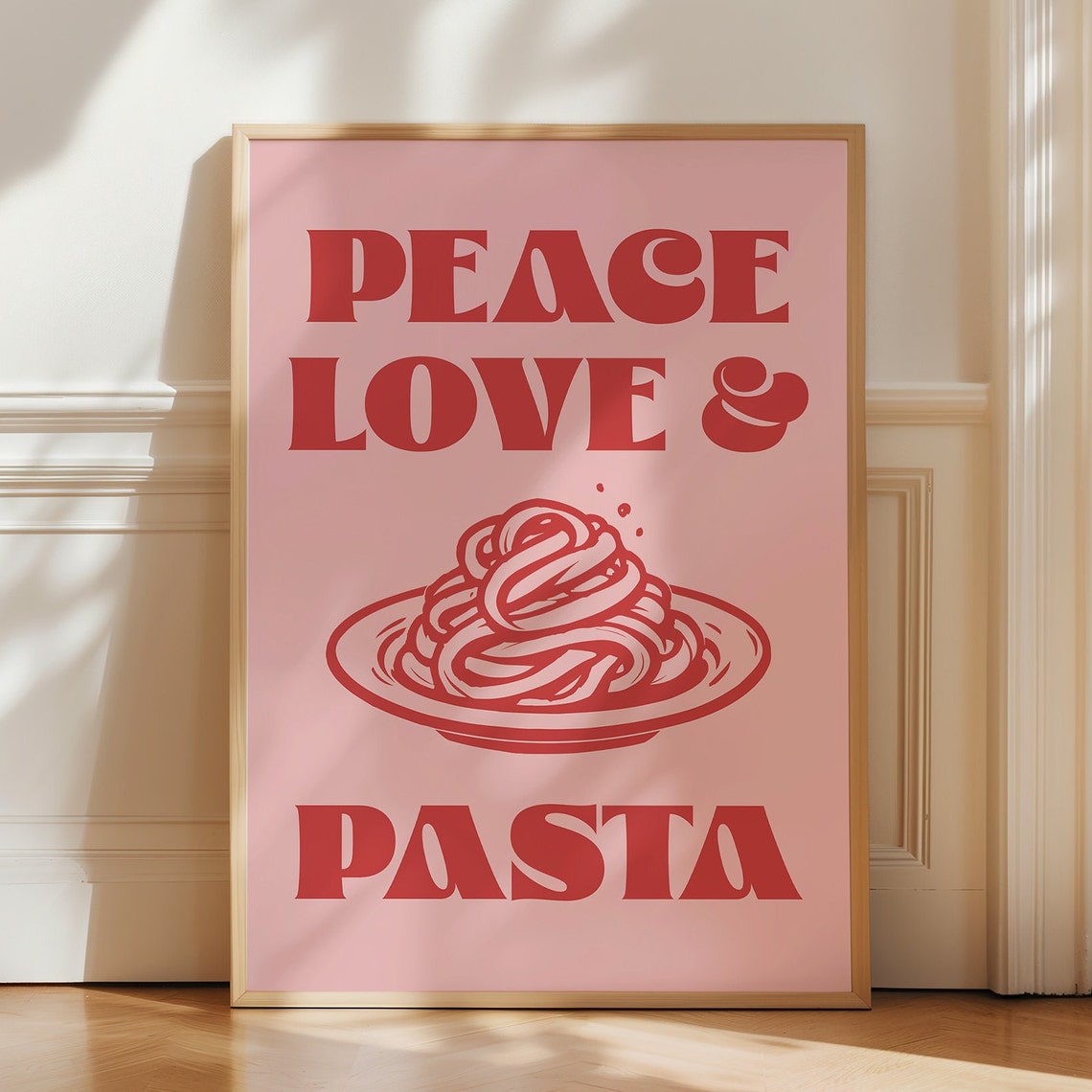 Peace Love And Pasta Retro Pink Kitchen Art With Pasta Plate Poster