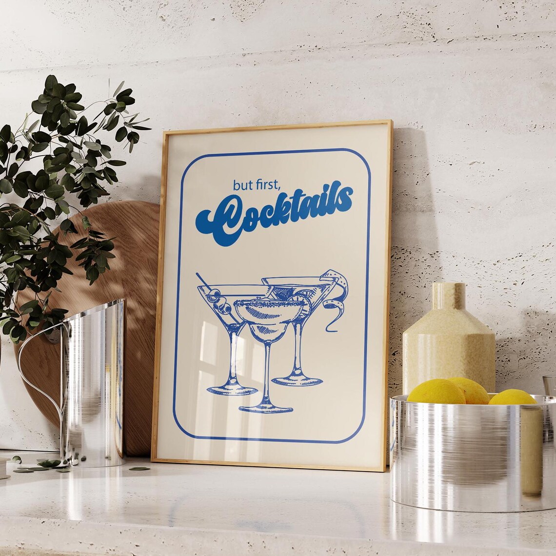 But First Cocktails Retro Navy Martini Margarita Bar Cart Poster - Image 3