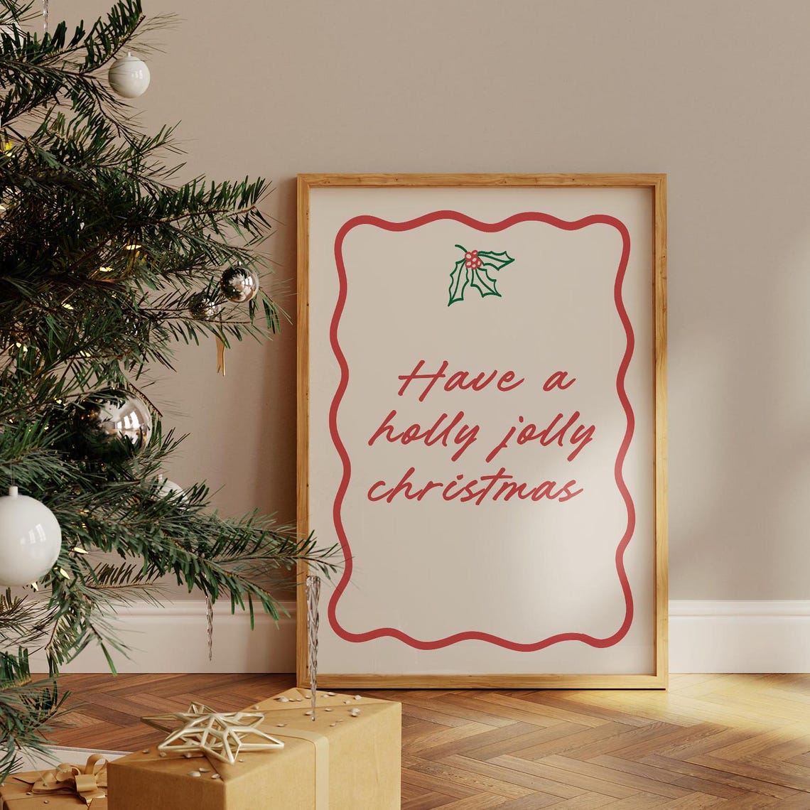 Have A Holly Jolly Christmas Red Retro Script Wavy Border Wall Art - Image 3