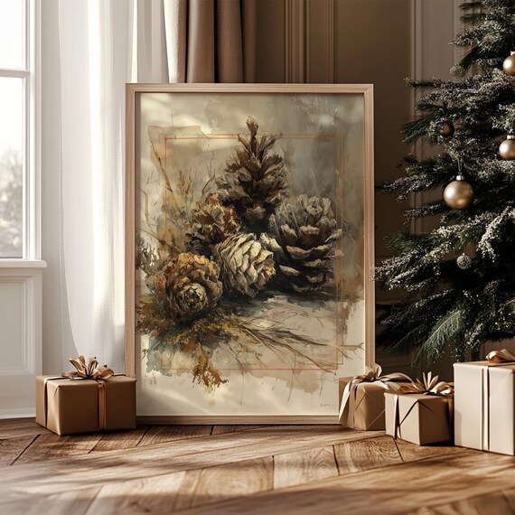 Rustic Pinecones Winter Still Life Neutral Vintage Holiday Art Poster