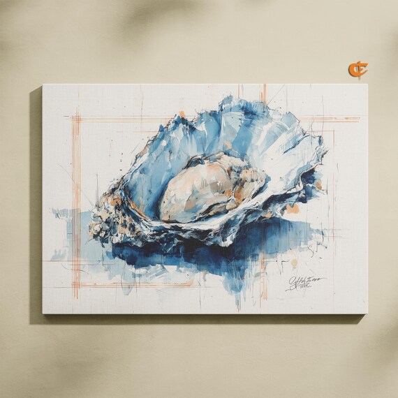 Delicate Blue Watercolor Oyster Shell Coastal Kitchen Art Poster