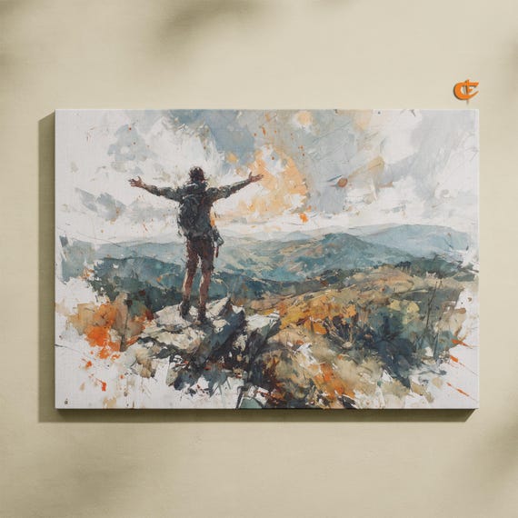 Majestic Mountain View Watercolor Painting Hiker At Scenic Overlook Rustic Landscape Wall Art Earthy Home Decor 956