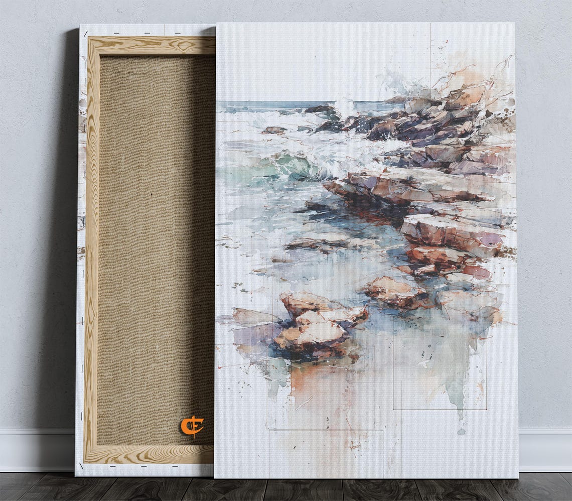 Serene Calm Watercolor Coastal Rocky Shoreline Seascape Poster