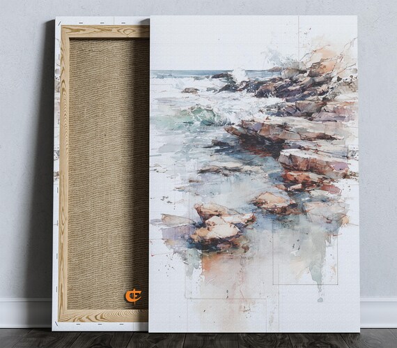 Serene Calm Watercolor Coastal Rocky Shoreline Seascape Poster