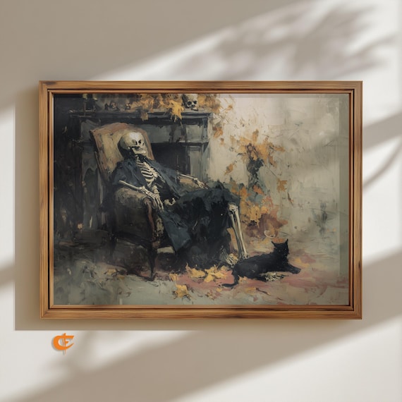 Vintage Skeleton On Velvet Armchair Painting Moood Sterling Dark Art Print Halloween Wall Decor Gothic Style 1914