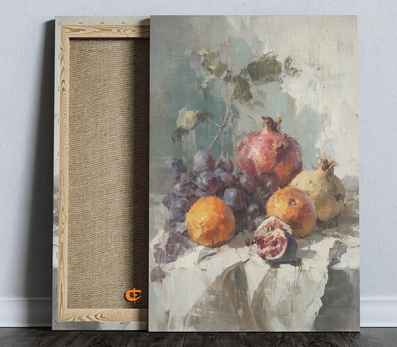 Vintage Fruit Still Life Wall Art Rustic Decor Pomegranates And Linen Canvas Moody Autumn Kitchen 885