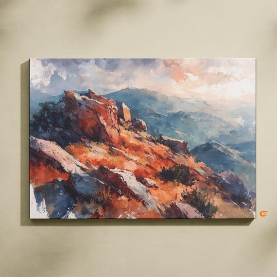 Vivid Watercolor Mountain Ridge Painting Rustic Autumn Landscape High Crest Art Earthy Wall Decor 910