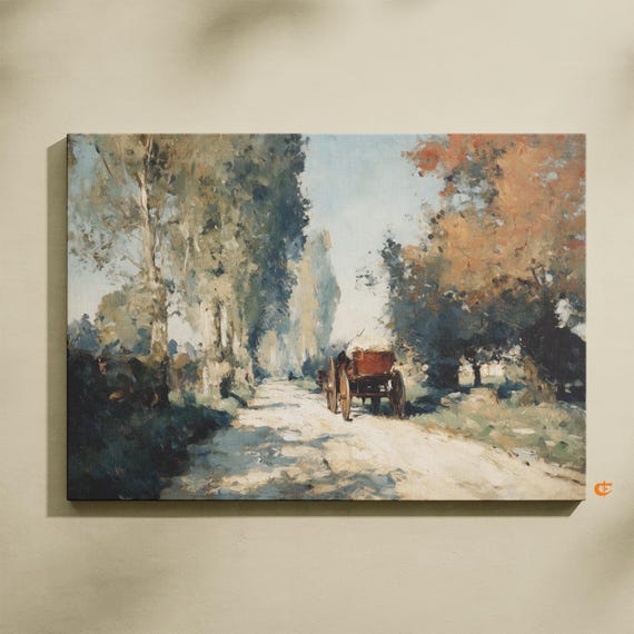 Rustic Cottage Road Scene Vintage Autumn Oil Painting Golden Hour Hay Cart Under Trees Landscape Art Farmhouse Decor 722