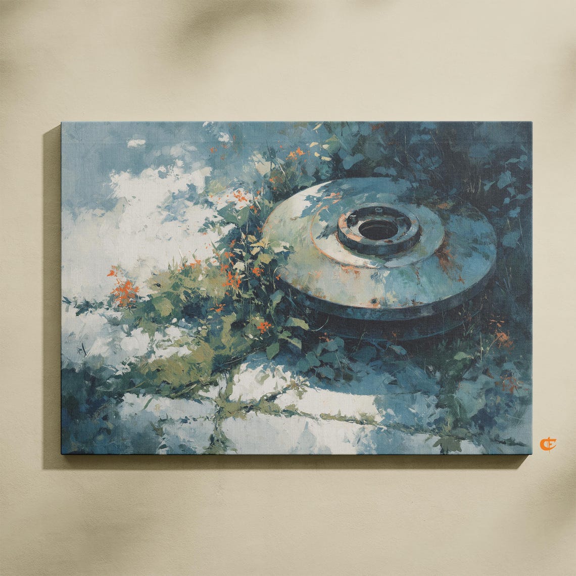 Rusted Industrial Metal Disc Among Wildflowers Rustic Machine Poster
