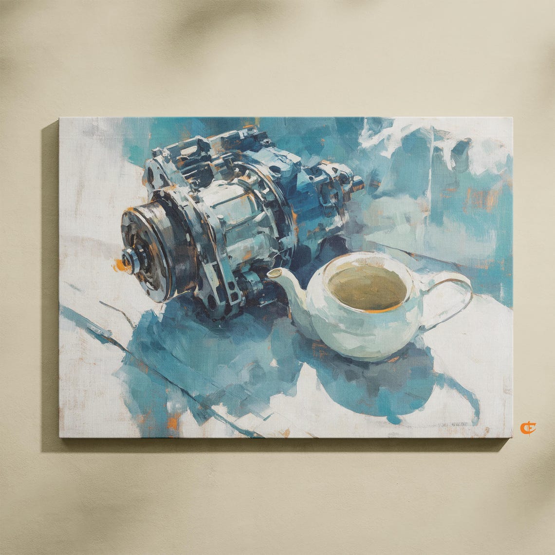 Mechanical Engine And White Teapot Industrial Still Life Oil Poster