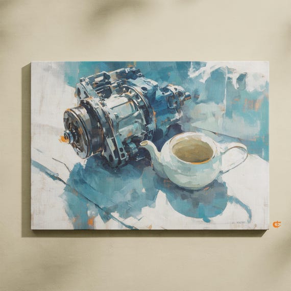 Gearbox And Teapot Painting Unique Mechanical Still Life Art Industrial Decor Vintage Home Wall 744