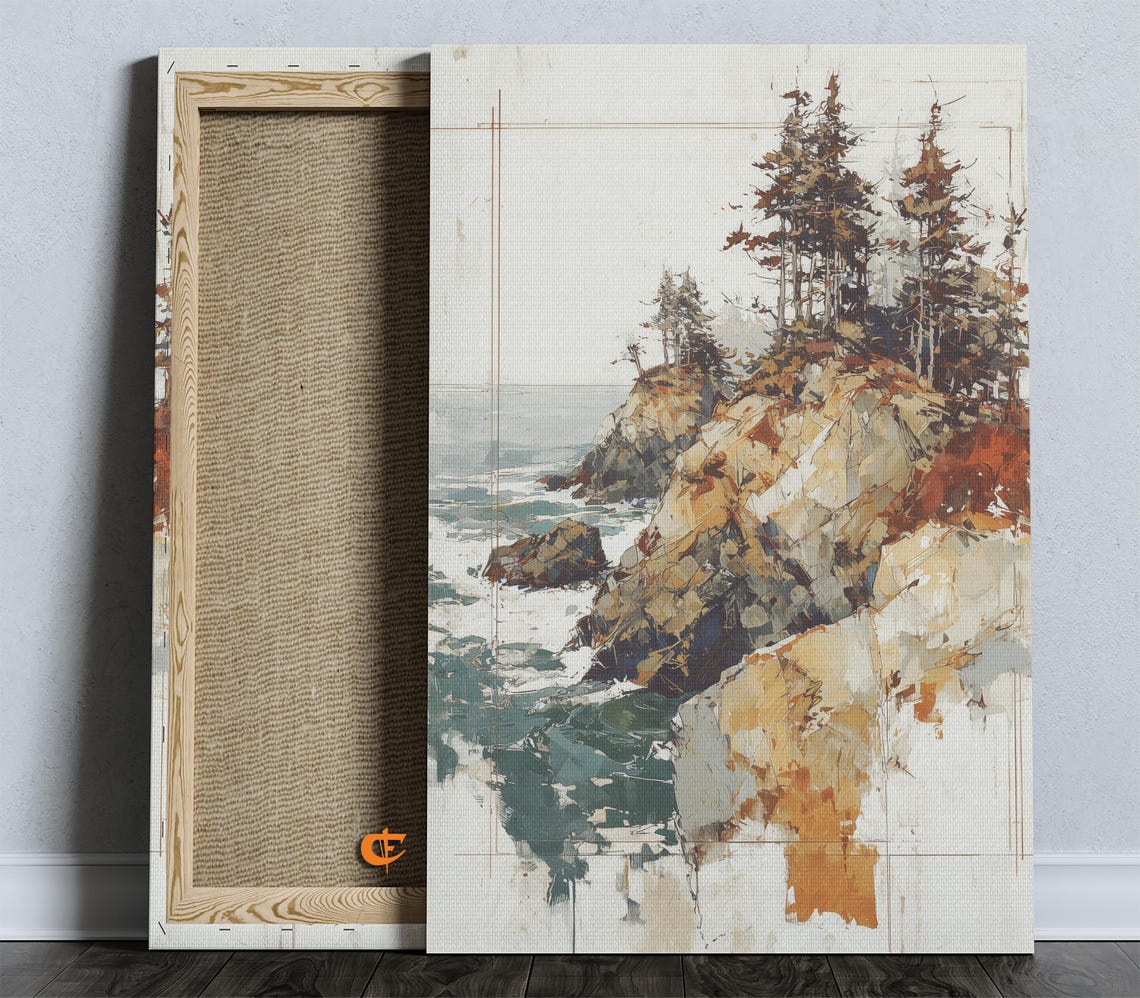 Rustic Coastal Pine Cliff Watercolor Seaside Landscape Poster