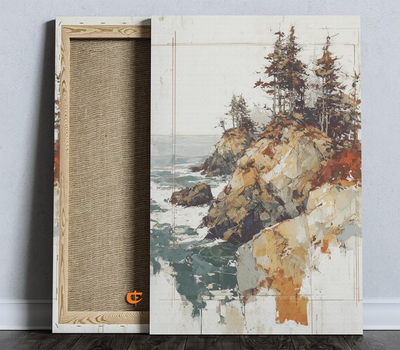 Rustic Coastal Pine Cliff Watercolor Seaside Landscape Poster