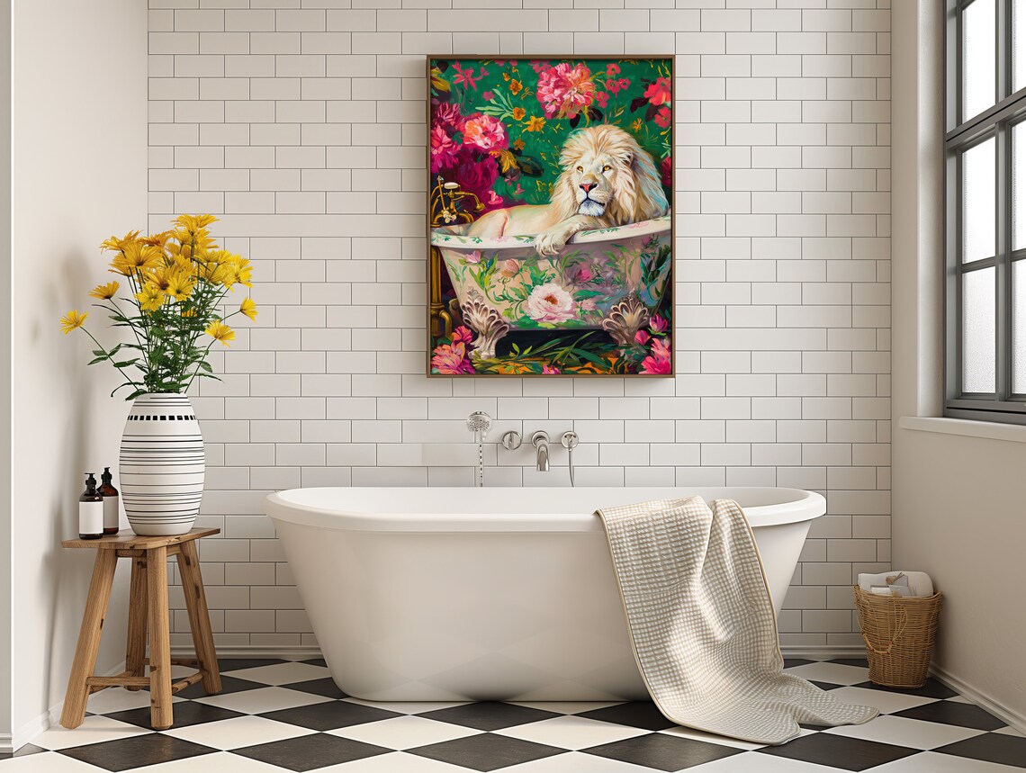 White Lion In Bathtub, Maximalist Oil Painting - Image 5