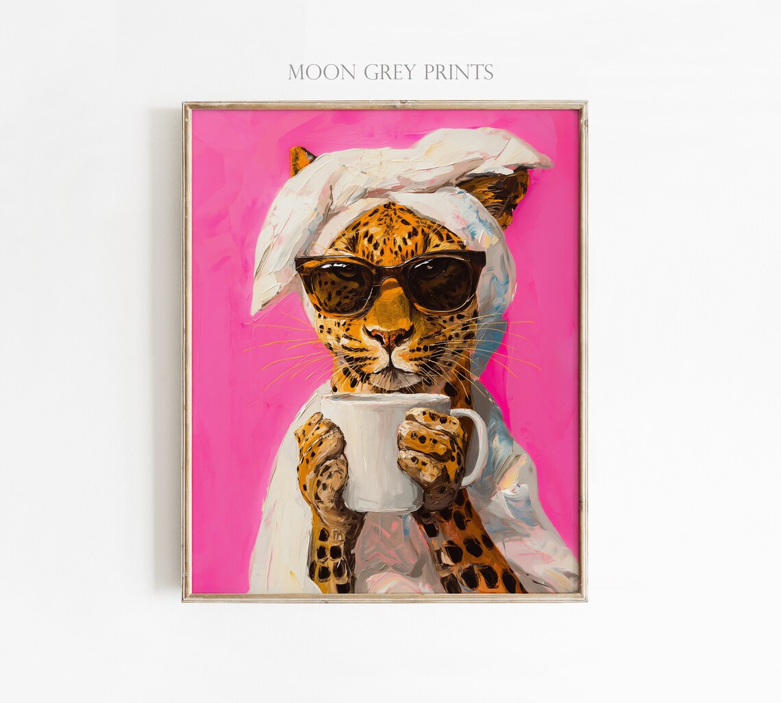 Leopard Drinking Coffee, Maximalist Oil Painting - Image 2