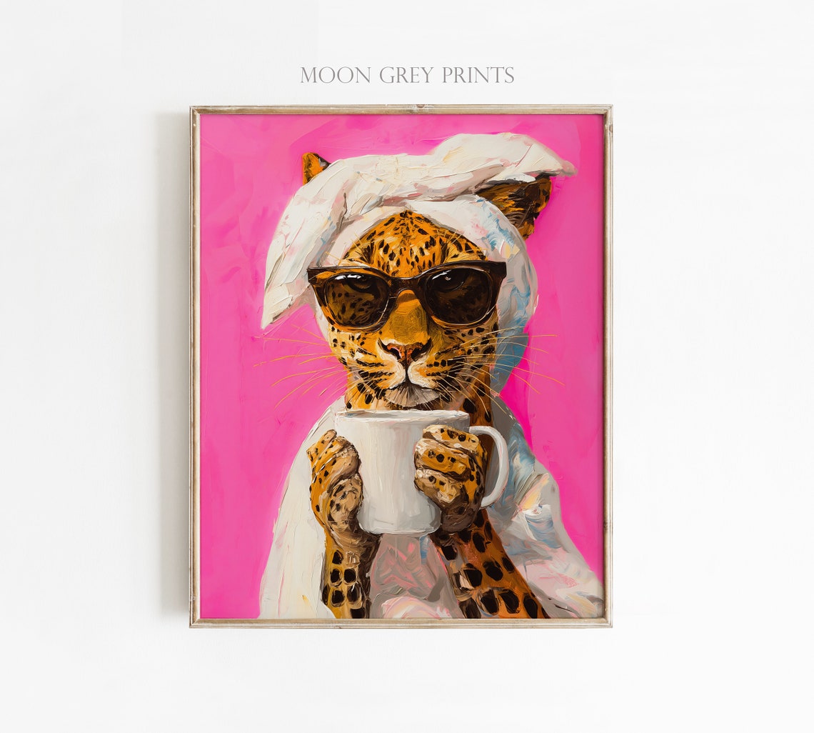 Leopard Drinking Coffee Poster, Maximalist Dining Room - Image 2