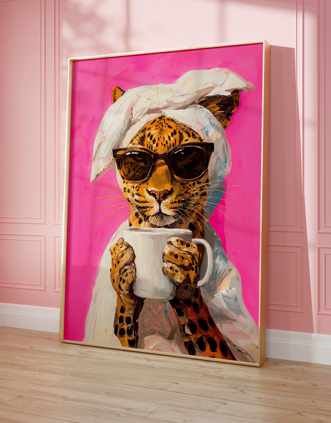 Leopard Drinking Coffee, Maximalist Oil Painting
