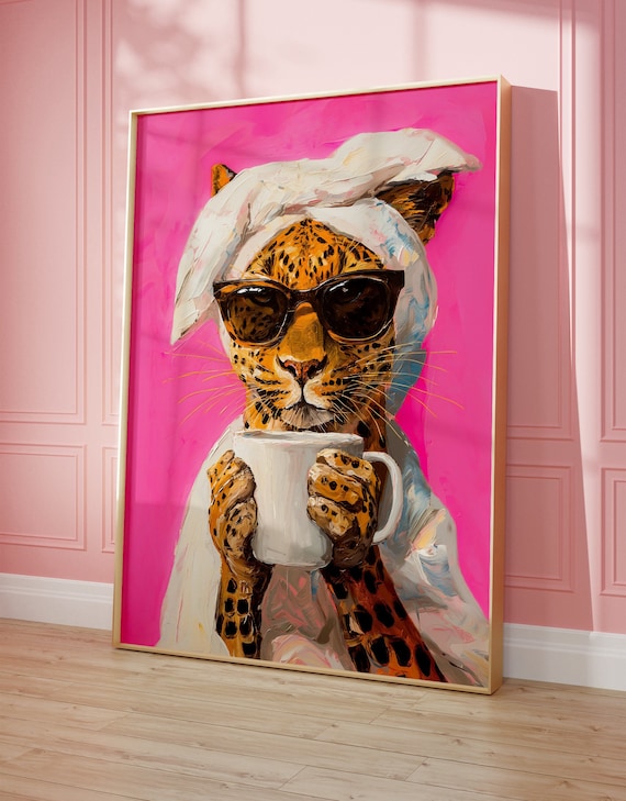 Leopard Drinking Coffee, Maximalist Oil Painting