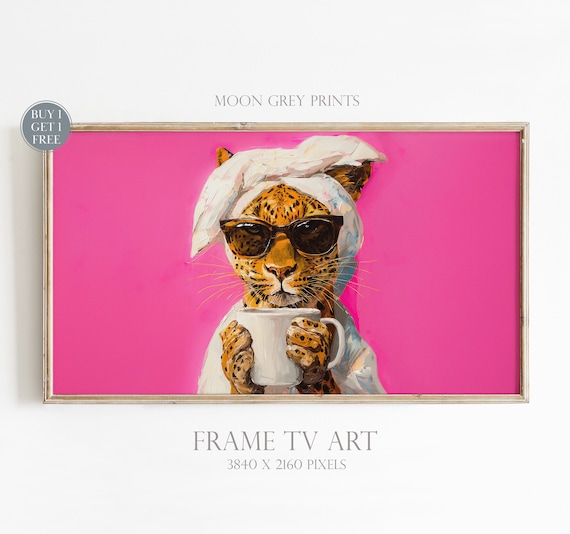 Leopard Drinking Morning Coffee, Maximalist Art Print