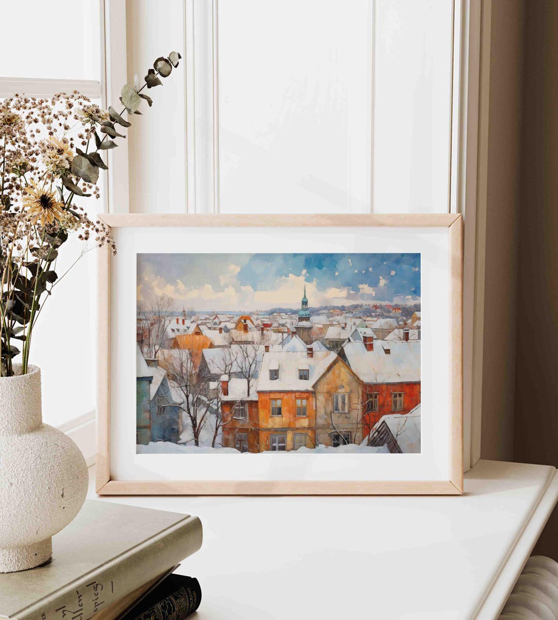 Old Winter Cityscape Snowy Rooftops Church Dome Painting Poster - Image 3