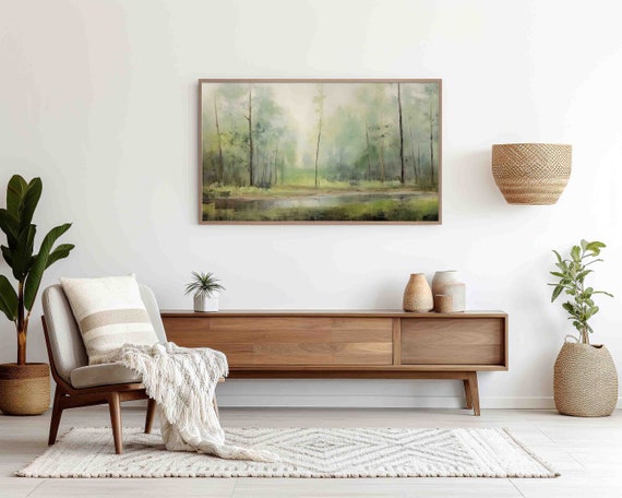 Rustic Forest Vintage Landscape Frame Tv Art Foggy Country Scenery Painting Tv Art Summer Home Decor Tvf23
