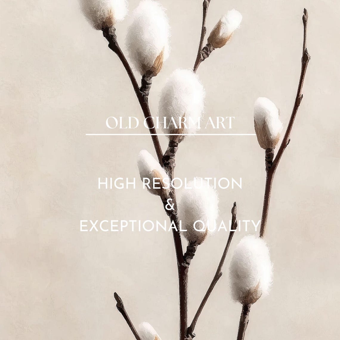White Pussy Willow Branches Cream Botanical Minimalist Wall Art Poster - Image 2