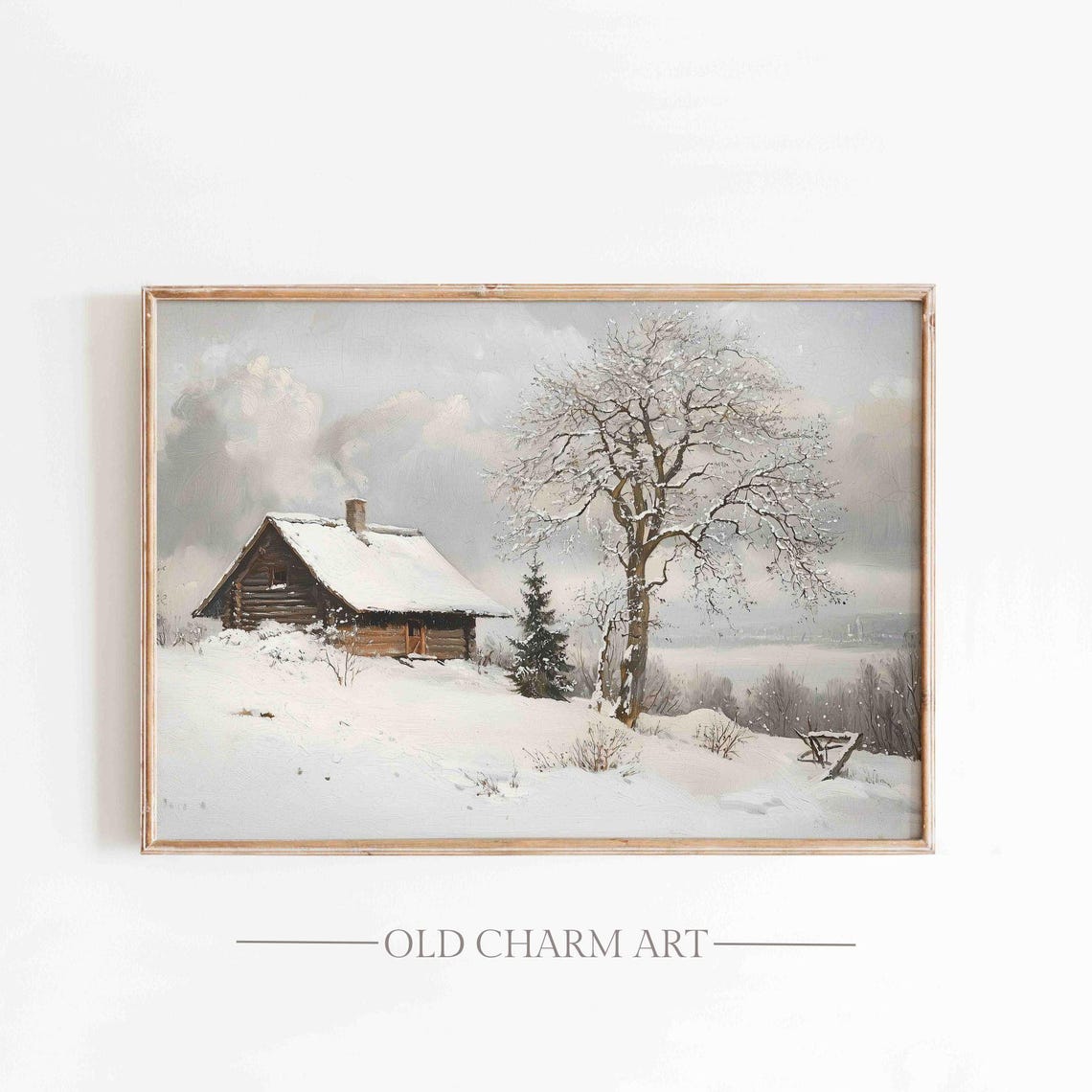 Quiet Winter Log Cabin Chimney Smoke Snowy Tree Painting Poster