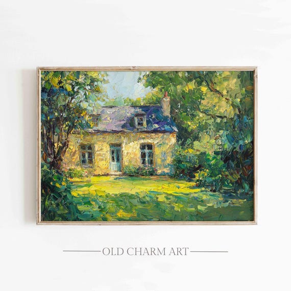 Spring Cottage Print Country Landscape Oil Painting Cottagecore Wall Decor Vintage Farmhouse Print Wa265