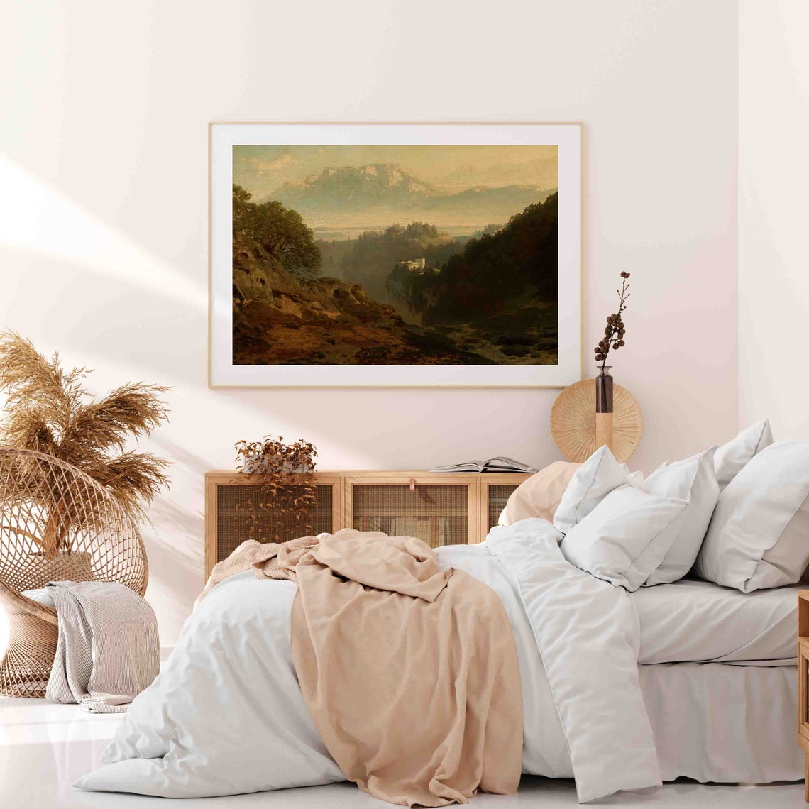 Mountain Valley With Castle on Cliff Hazy Alpine Vista Oil Poster - Image 4