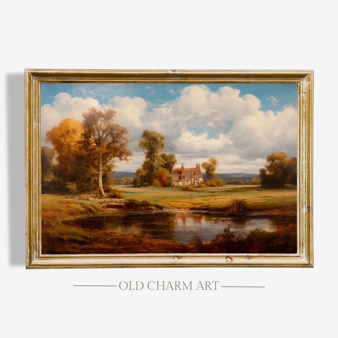 Vintage Country Manor Autumn Pond Golden Trees Landscape Poster