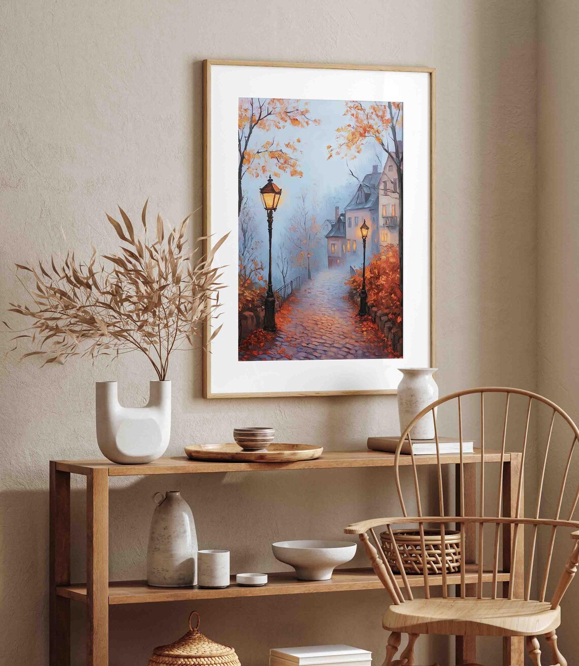 Autumn Old Town Street At Dusk With Glowing Lamps And Leaves Poster - Image 2