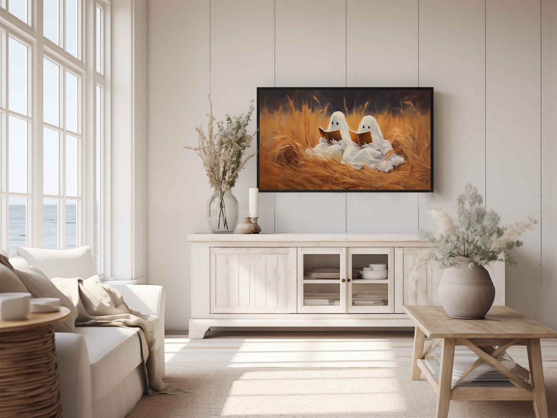 Cute Ghosts Reading Book Wheat Field Spooky Halloween Poster - Image 2
