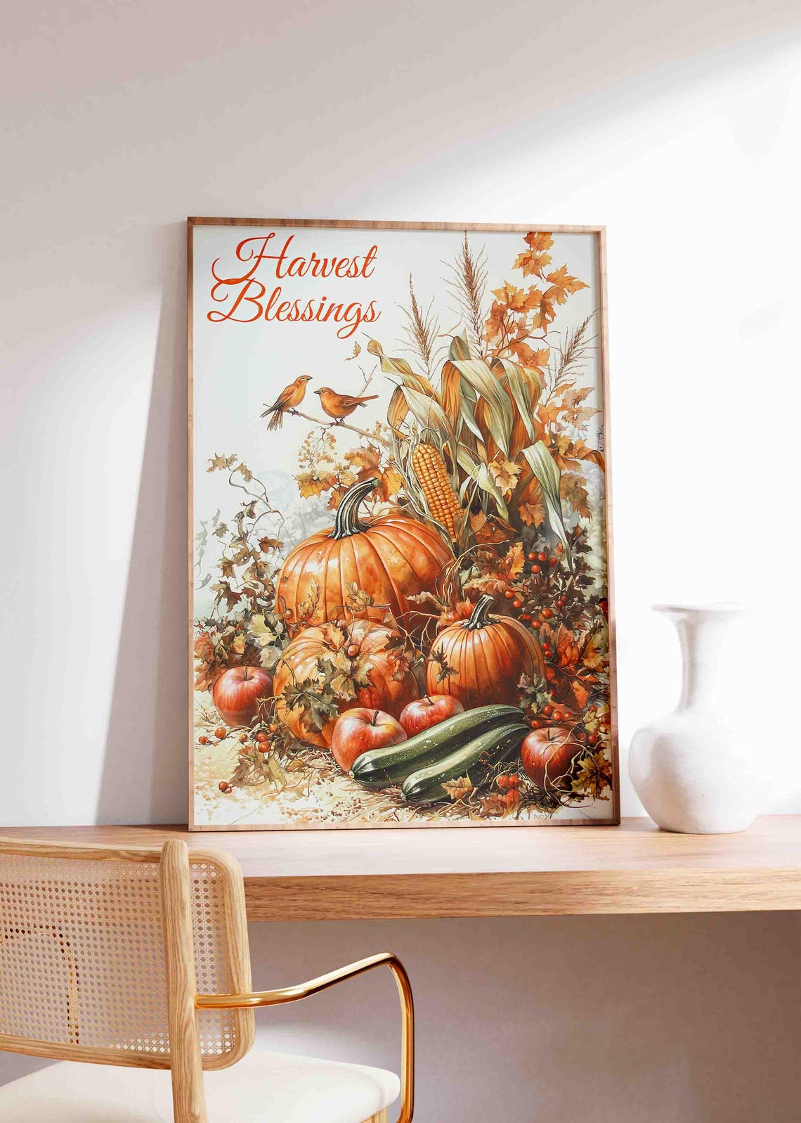 Harvest Blessings Print With Pumpkins Apples And Perched Fall Birds - Image 3