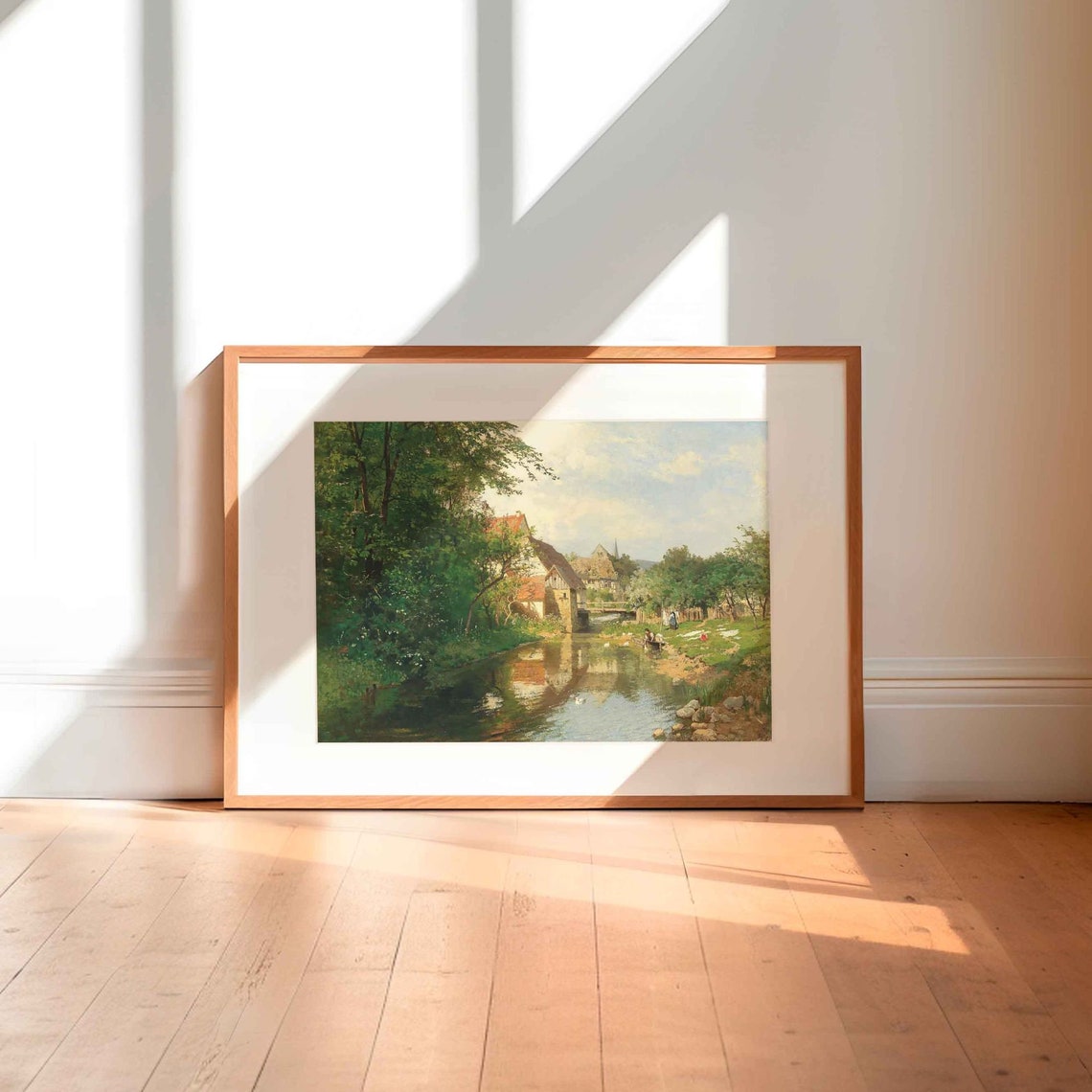 Summer Village By A Reflective River With Stone Mill Houses Poster - Image 2