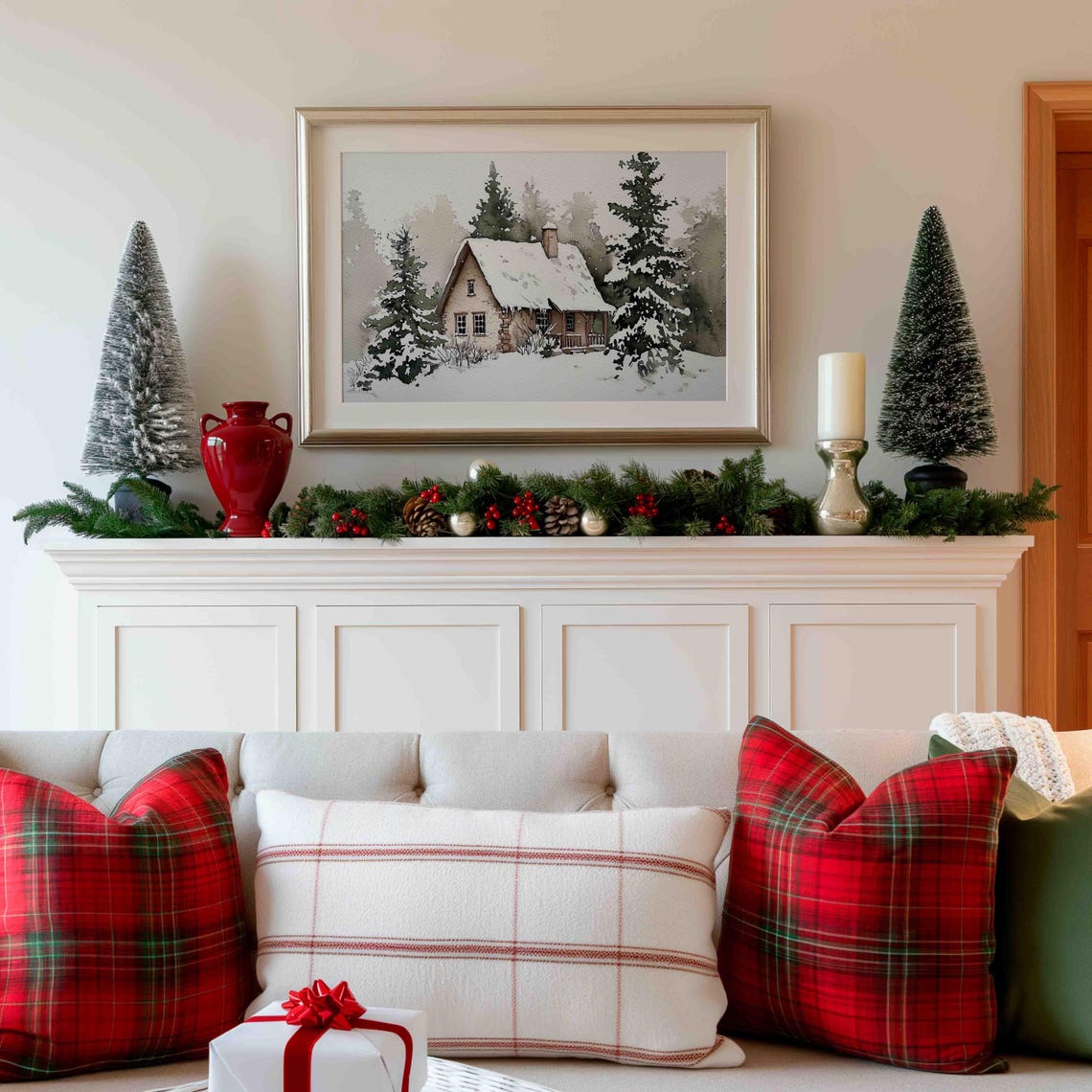 Cozy Snowy Cabin Evergreens Watercolor Winter Painting Poster - Image 4