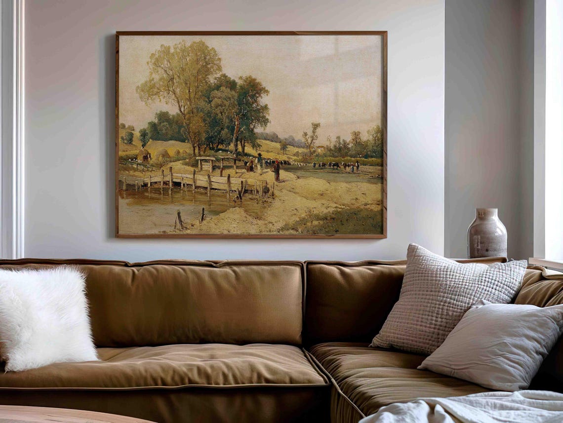 Riverbank Scene With Wooden Footbridge Haystacks and Cattle Poster - Image 4